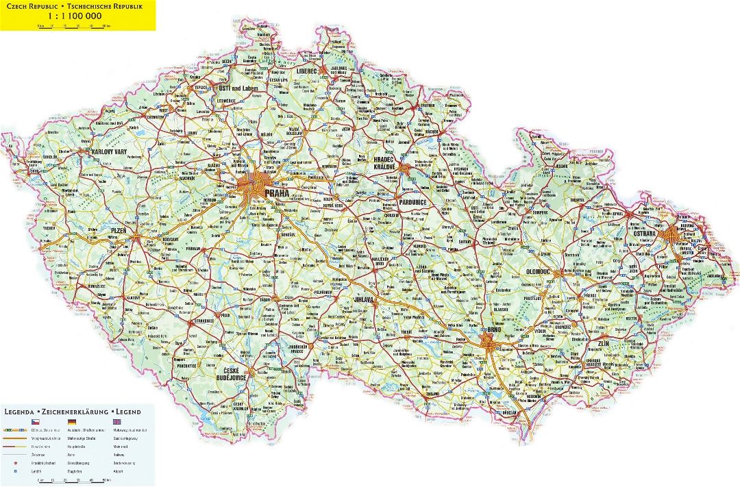 Детальная карта дорог Чешской Республики со всеми городами