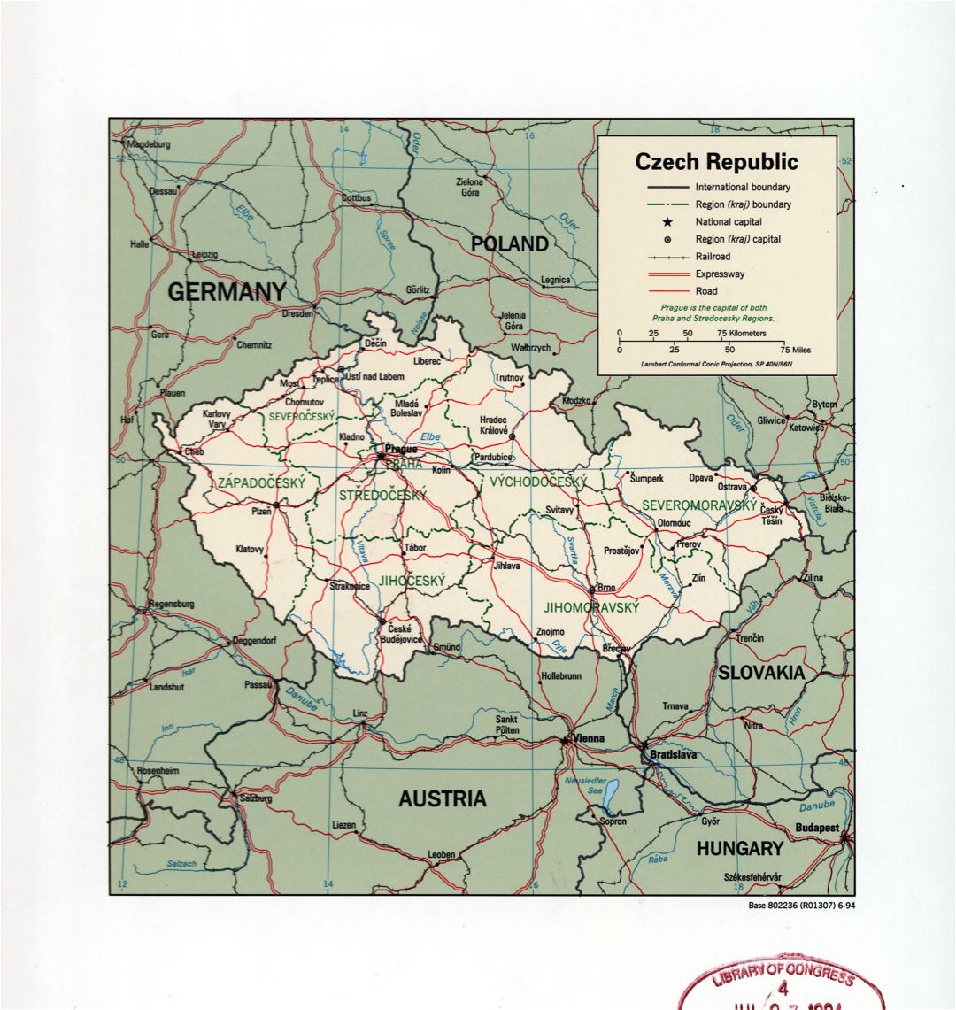 Большая политическая и административная карта Чешской Республики с пометками крупных городов, дорог и железных дорог - 1994