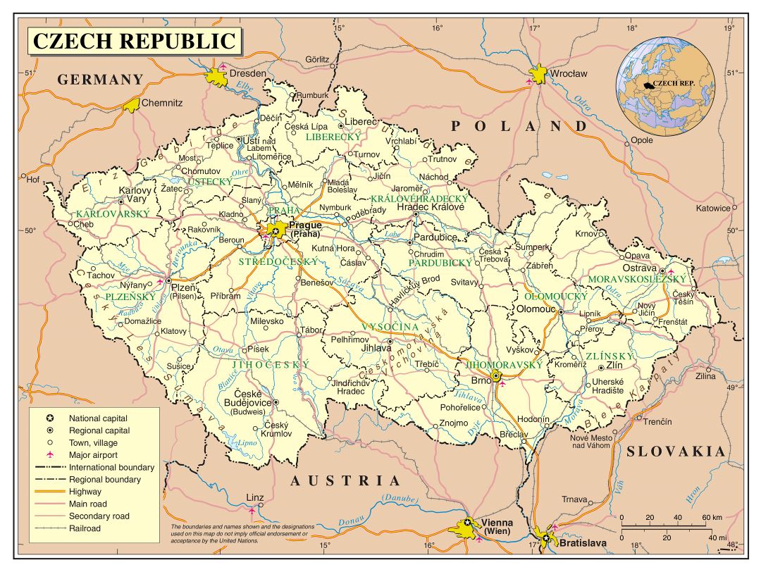 Большая детальная политическая и административная карта Чешской Республики с дорогами, городами и аэропортами