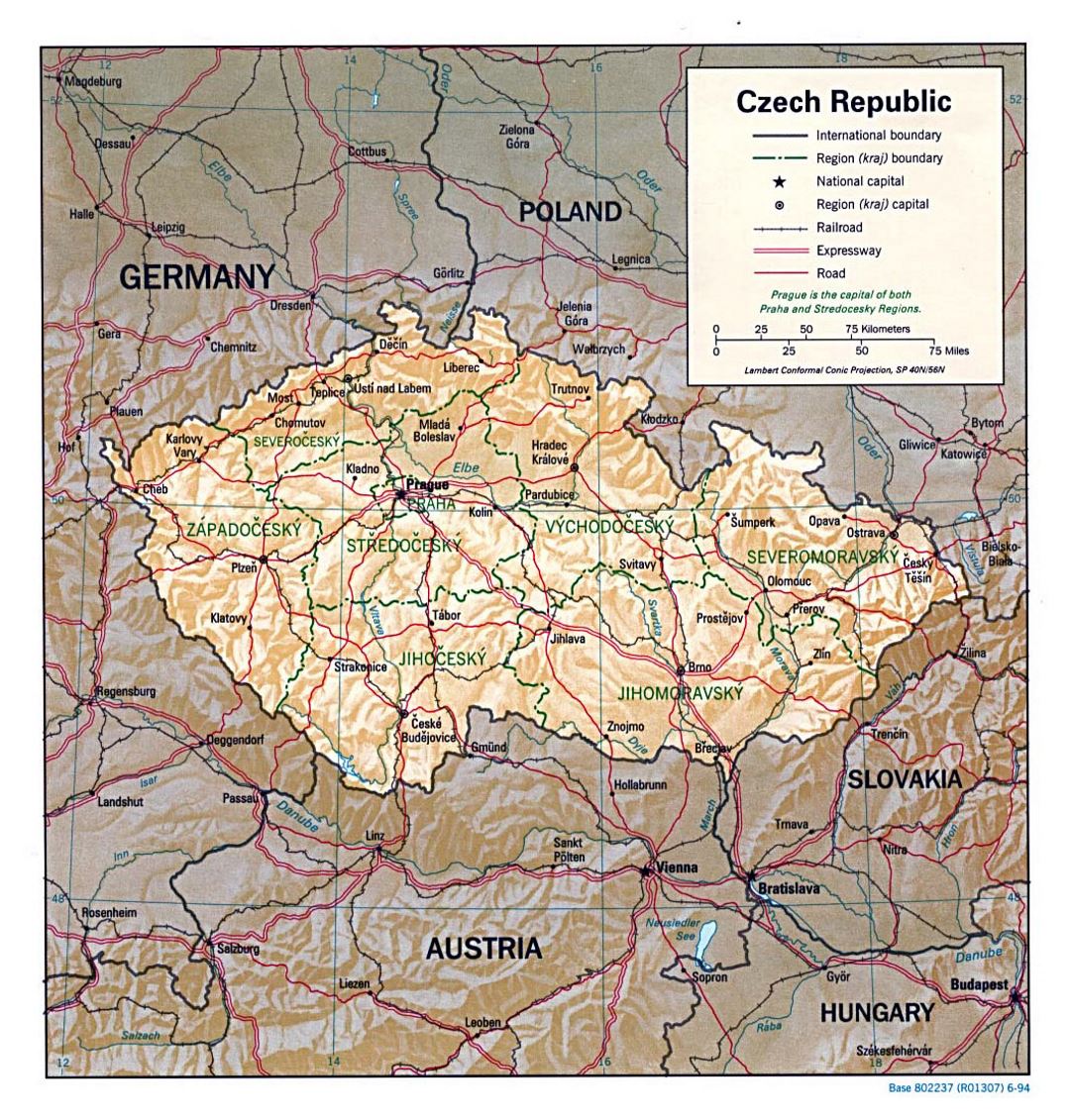 Большая политическая и административная карта Чешской Республики с рельефом, дорогами и городами - 1994