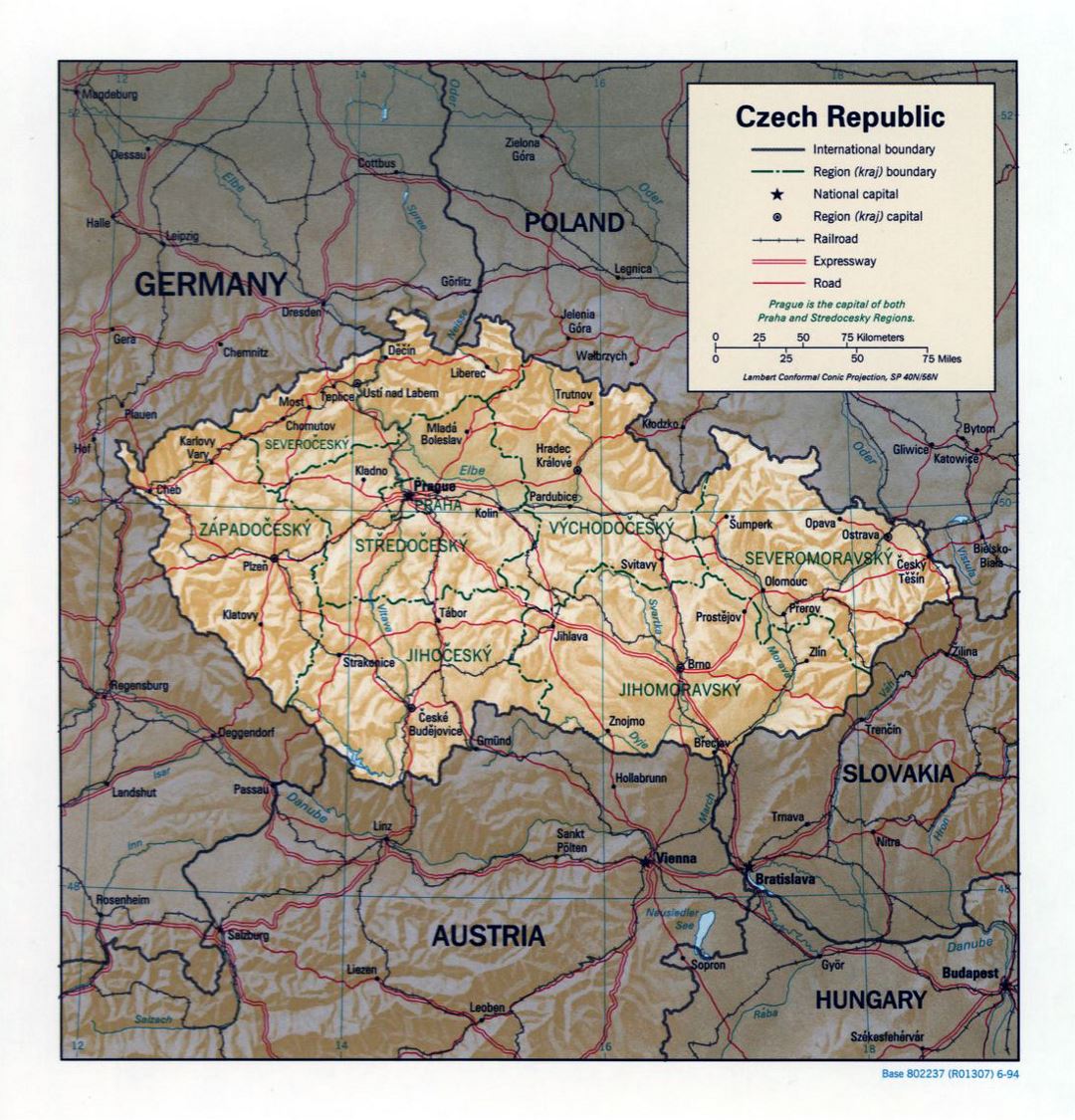 Большая политическая и административная карта Чешской Республики с рельефом, дорогами и крупными городами - 1994