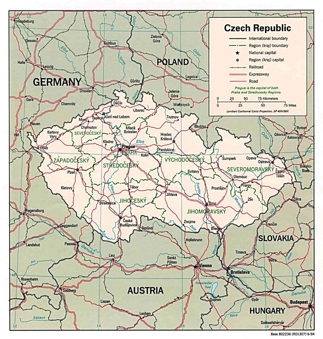 Большая политическая и административная карта Чешской Республики с дорогами и городами - 1994