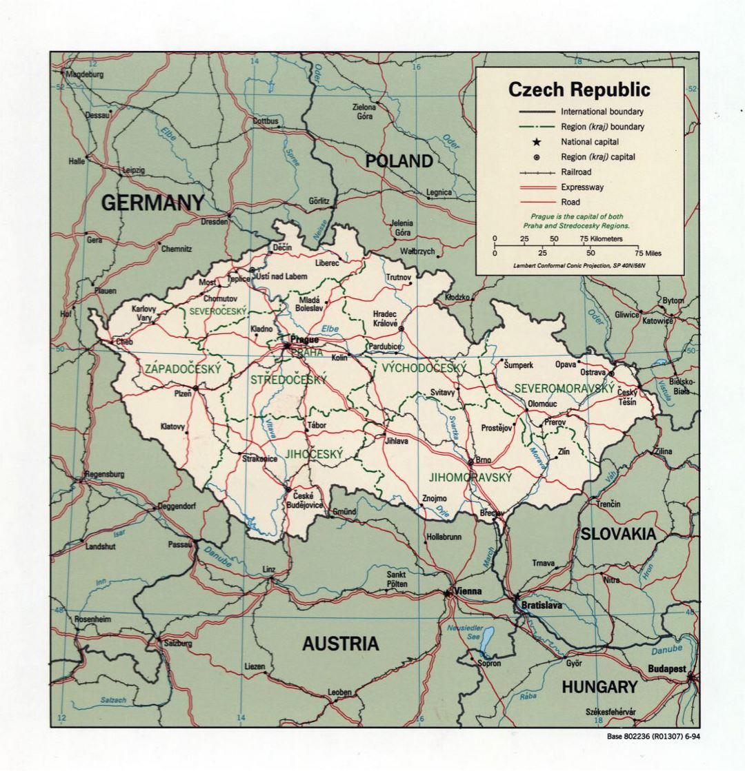 Большая политическая и административная карта Чешской Республики с дорогами и крупными городами - 1994