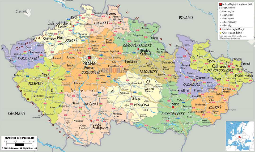 Большая политическая и административная карта Чешской Республики с дорогами, городами и аэропортами