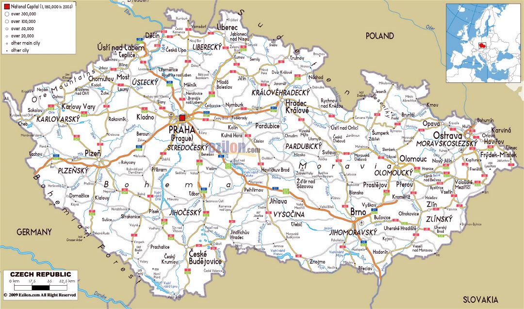 Большая карта дорог Чешской Республики с городами и аэропортами