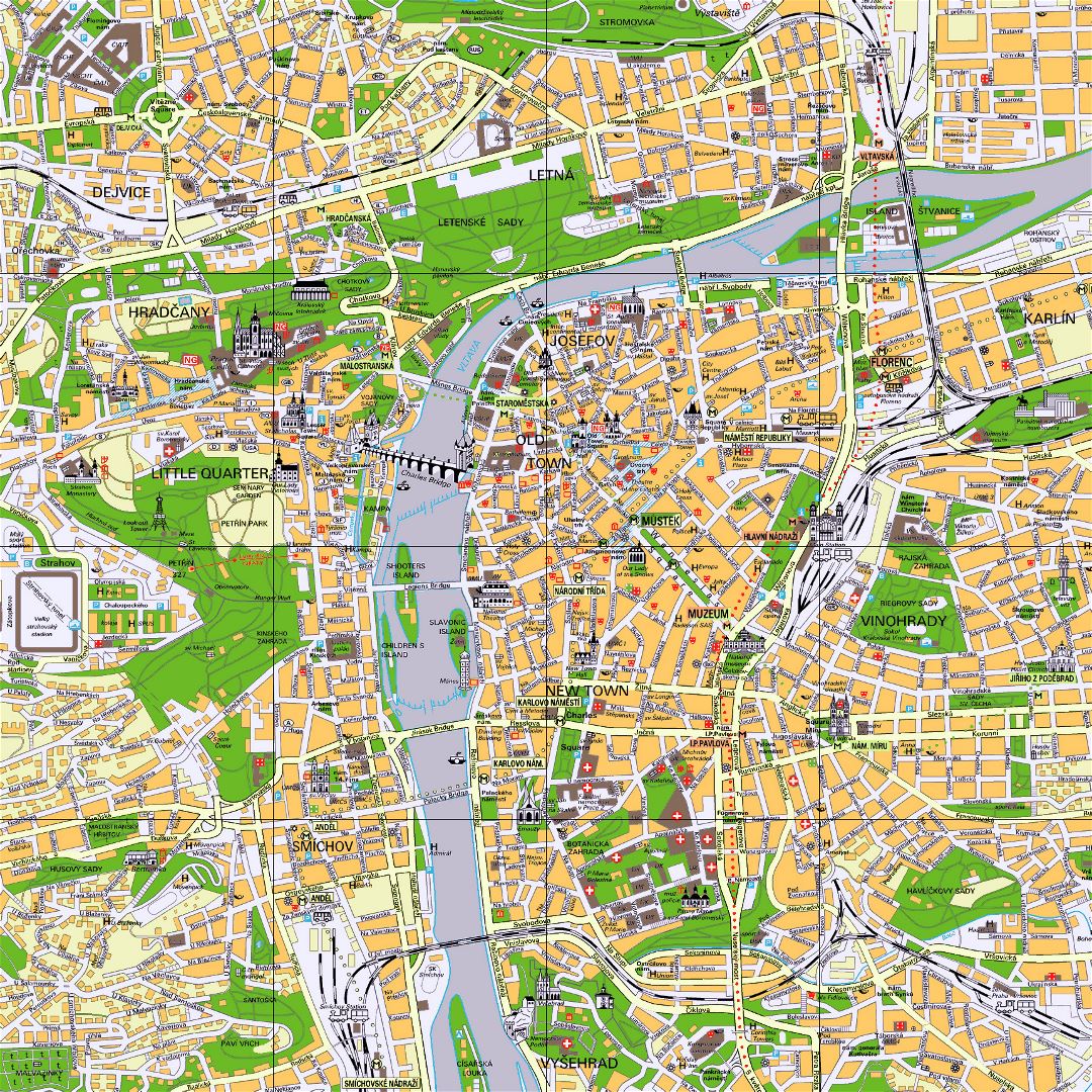 Детальная туристическая карта центра города Праги