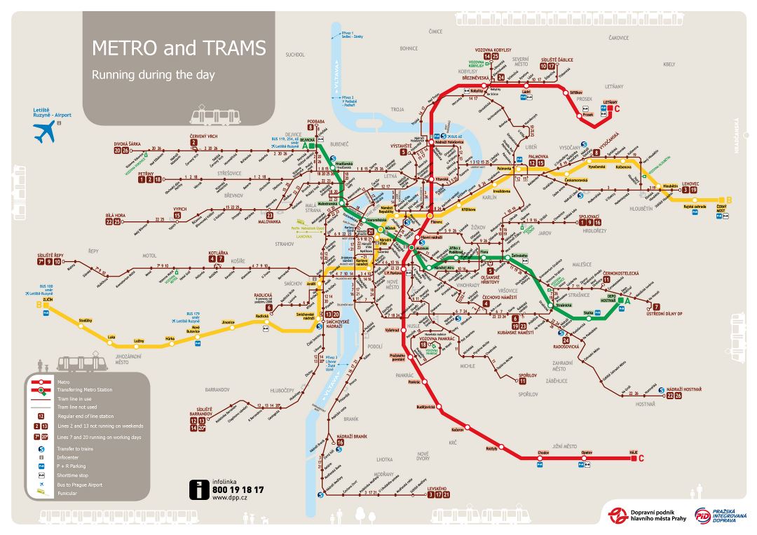 Большая детальная карта метро и трамвая города Праги