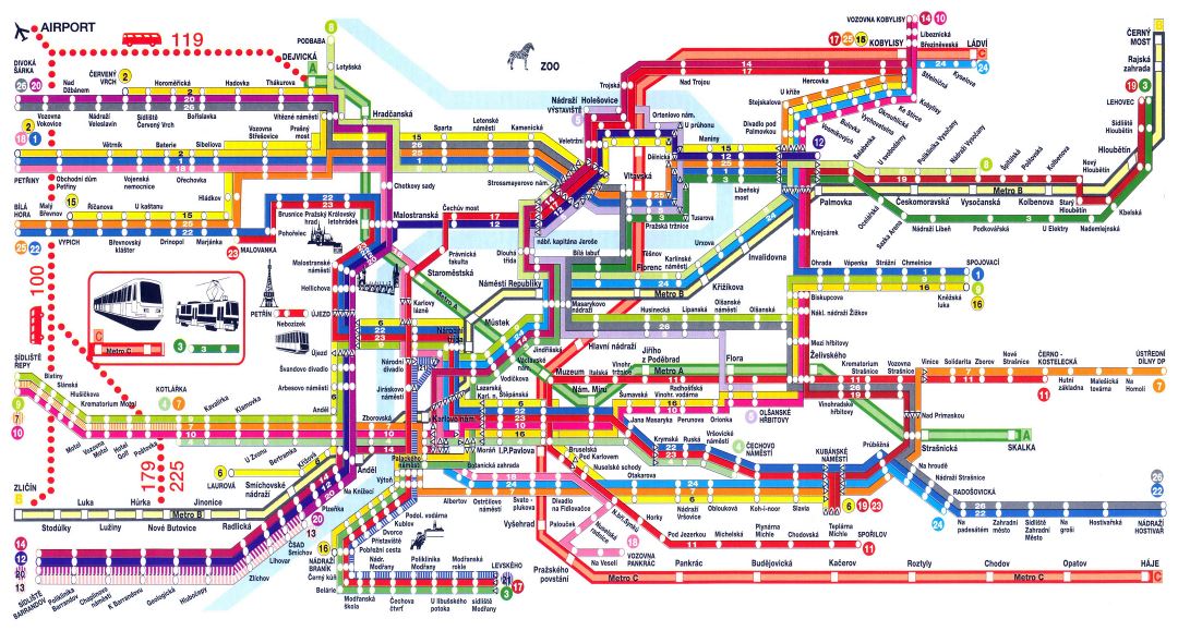 Большая детальная карта общественного транспорта города Праги
