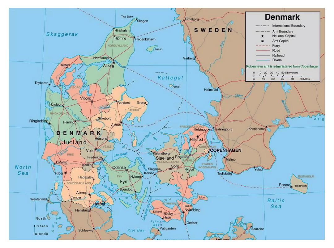 Детальная политическая и административная карта Дании