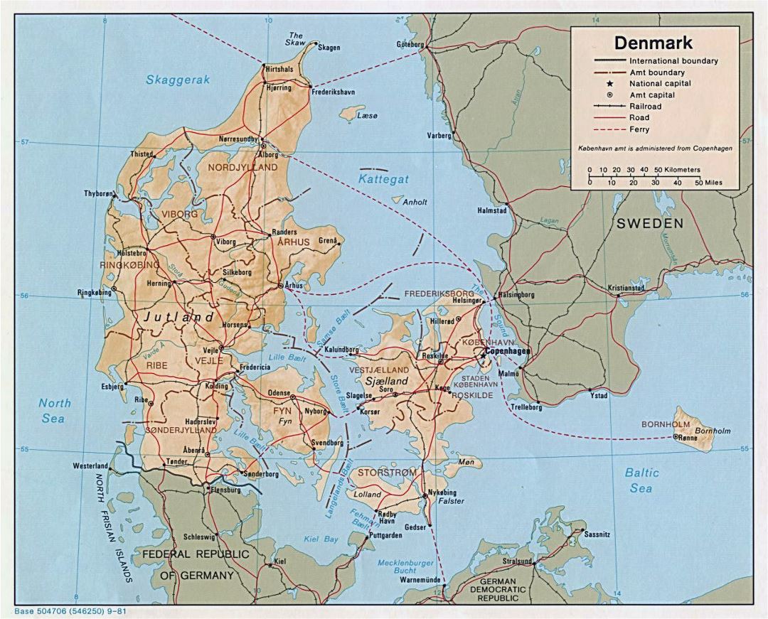 Детальная политическая и административная карта Дании с рельефом, дорогами и крупными городами - 1981