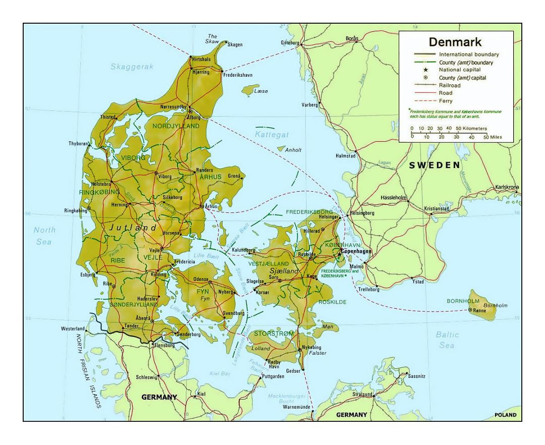 Детальная политическая и административная карта Дании с рельефом