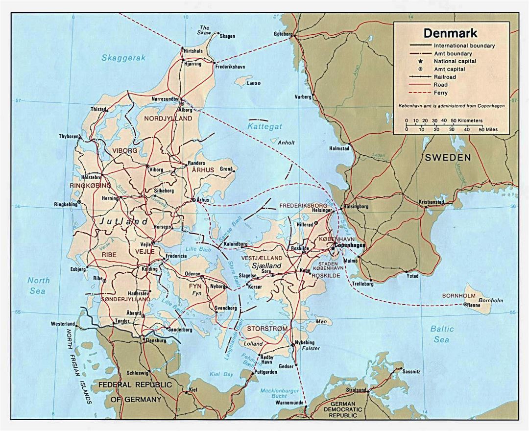 Детальная политическая и административная карта Дании с дорогами и крупными городами - 1981