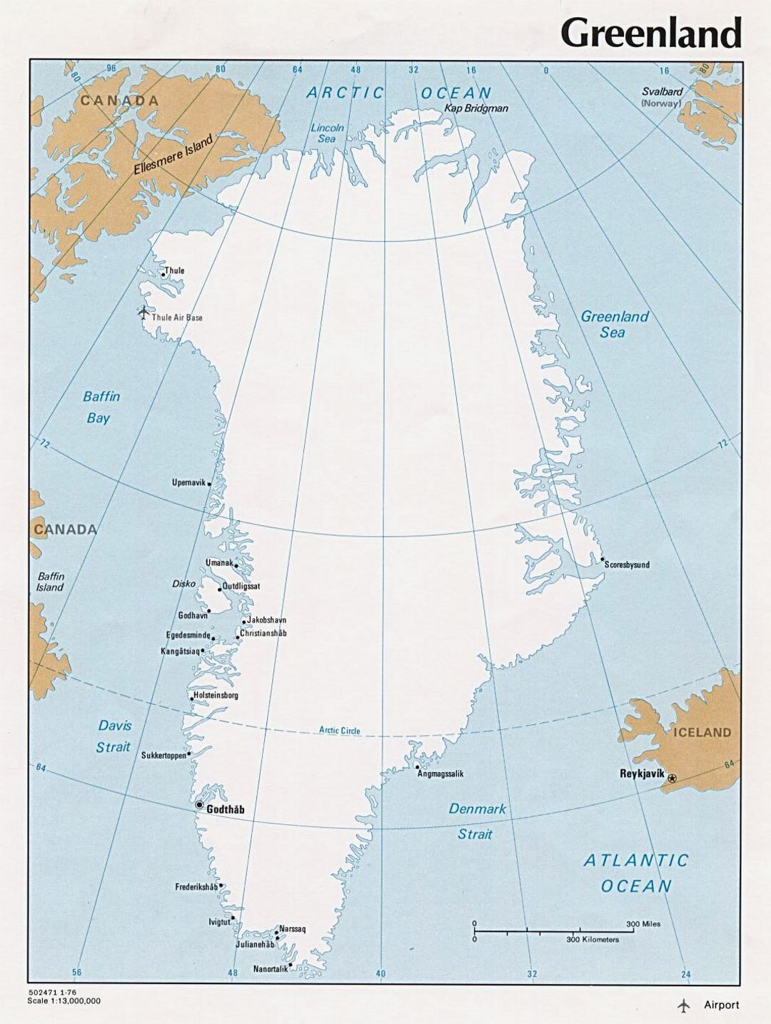 Детальная политическая карта Гренландии с городами - 1976
