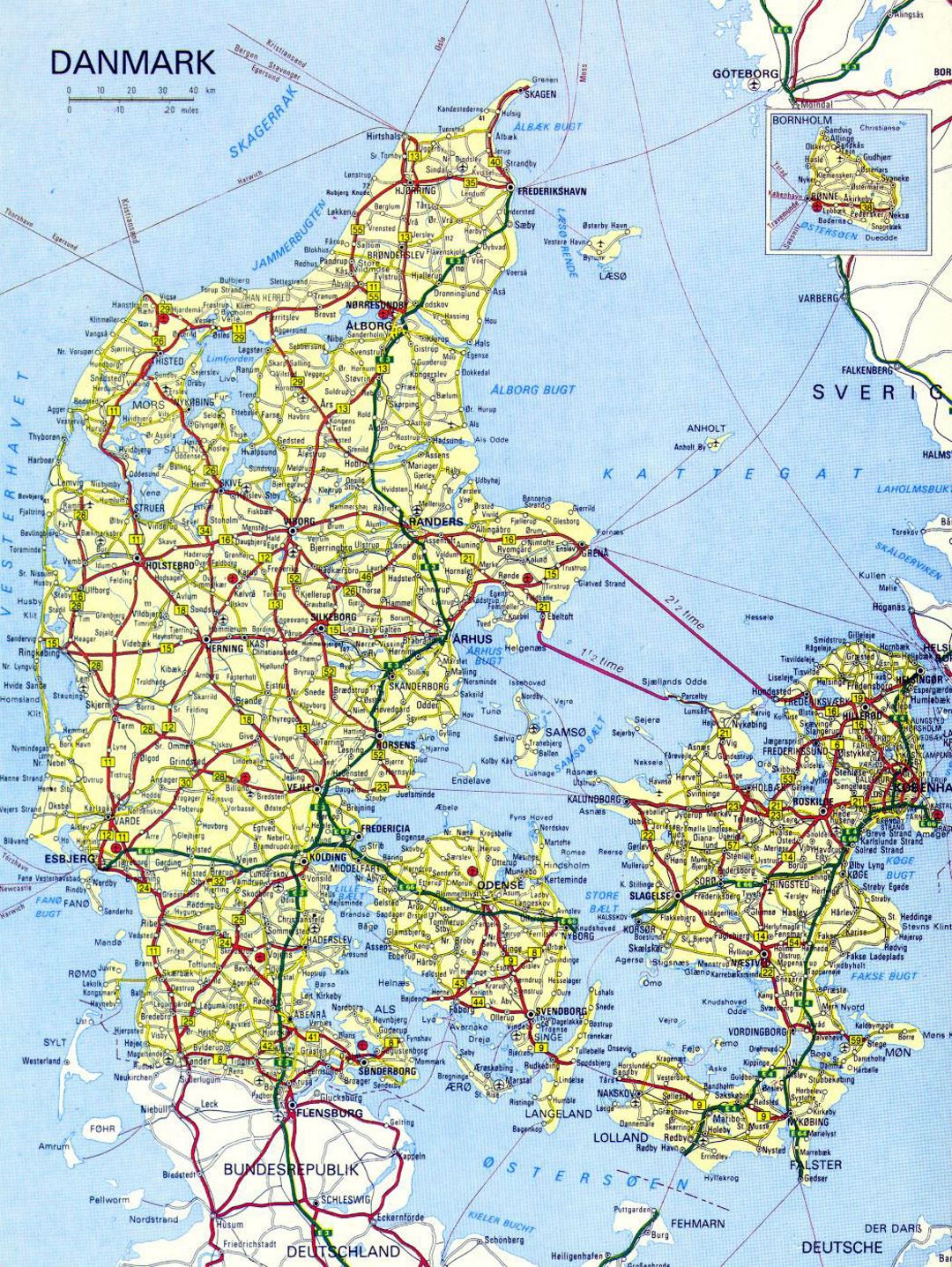 Детальная карта дорог Дании с городами и аэропортами