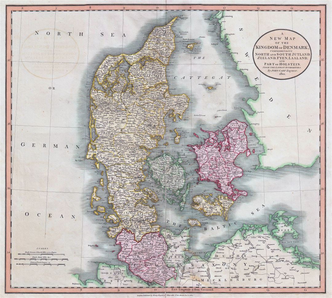 Большая детальная старая карта Дании с городами - 1801