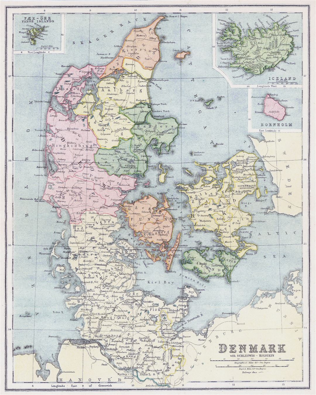 Большая детальная старая политическая и административная карта Дании с городами - 1808