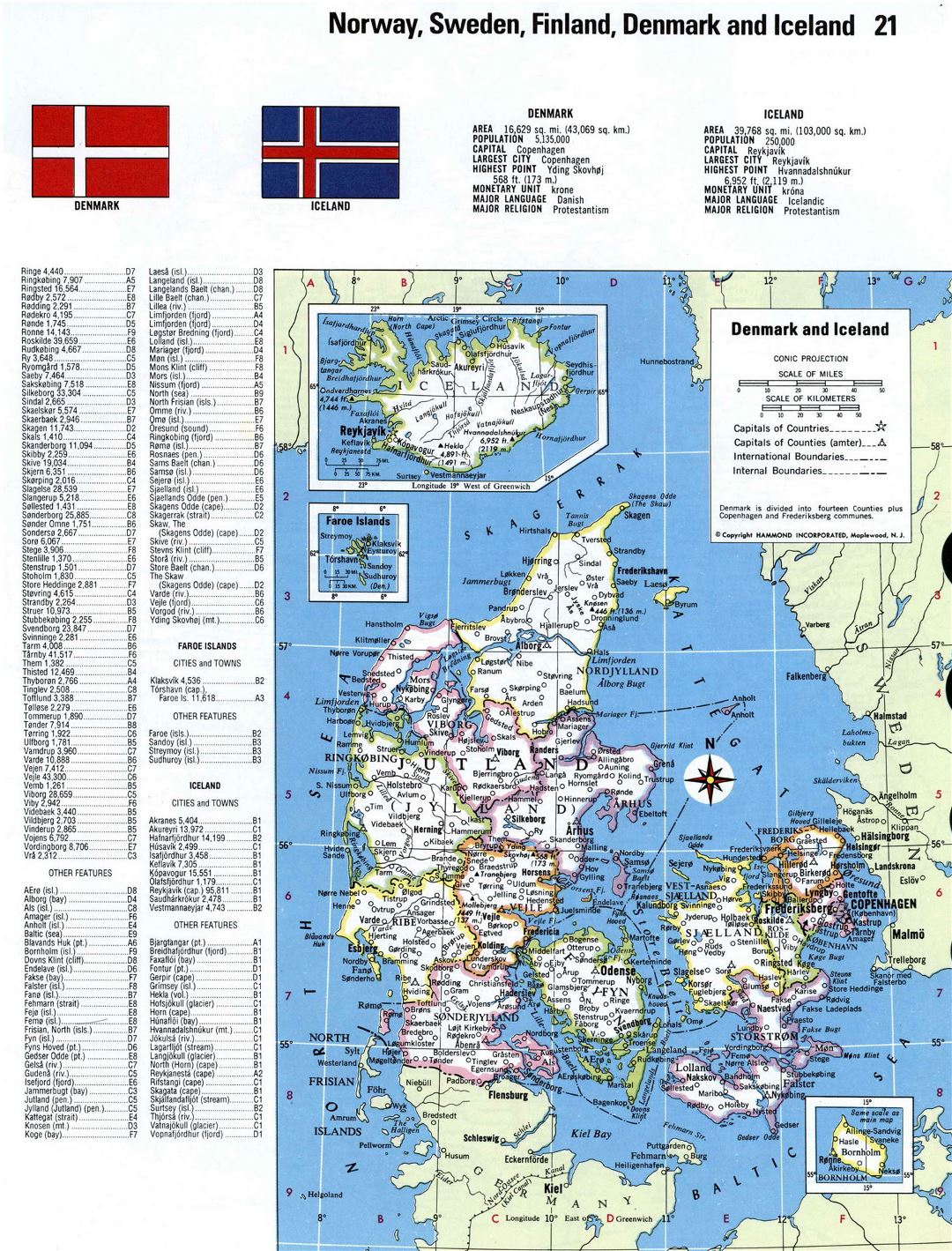 Большая детальная политическая и административная карта Дании и Исландии