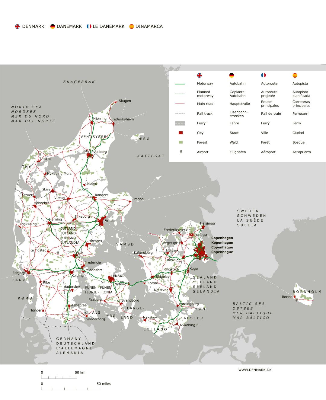 Большая детальная карта дорог Дании с крупными городами и аэропортами
