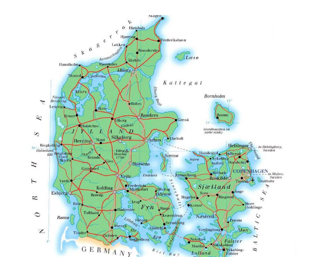 Большая карта высот Дании с дорогами, городами и аэропортами