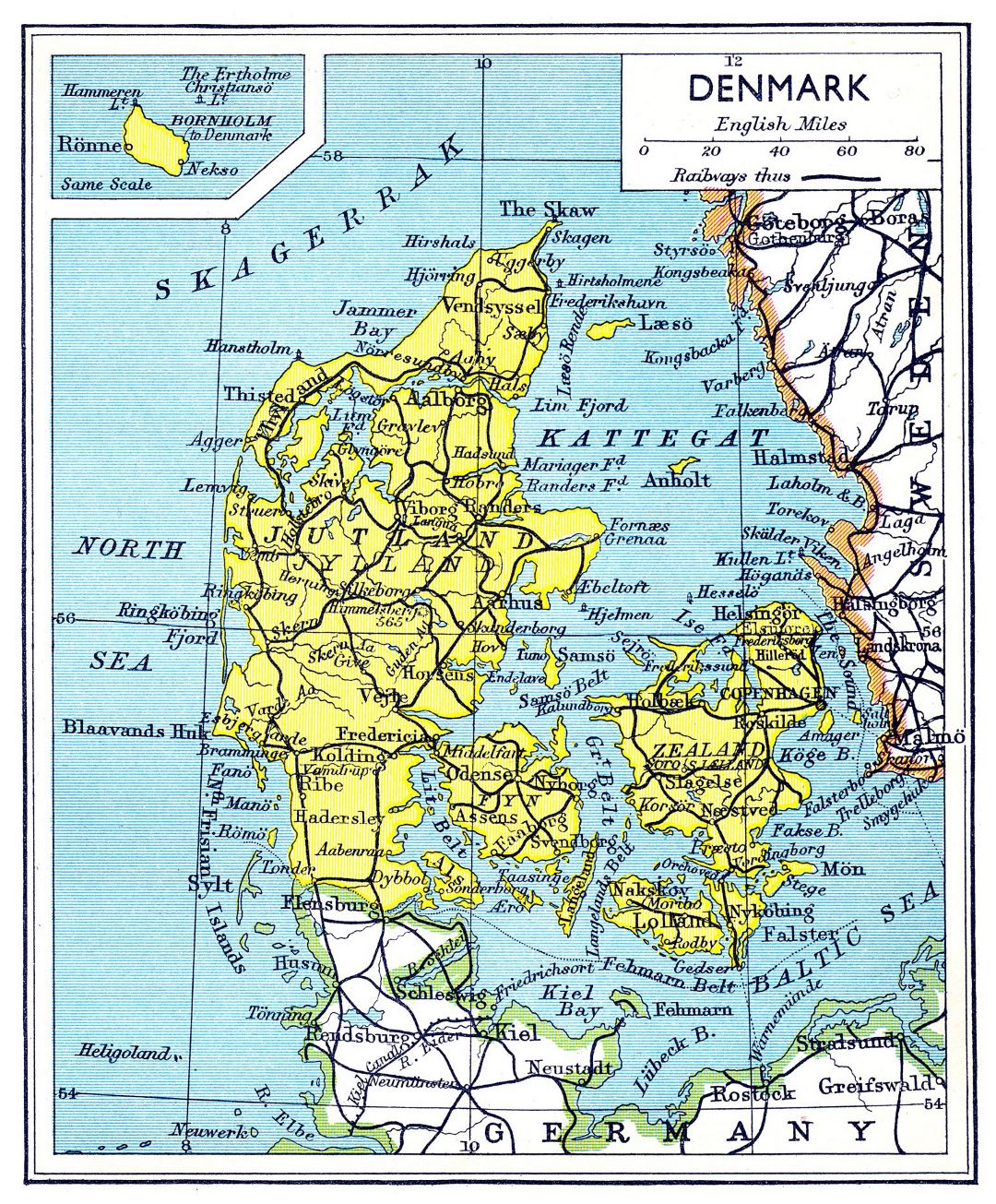 Большая старая карта дорог Дании - 1941