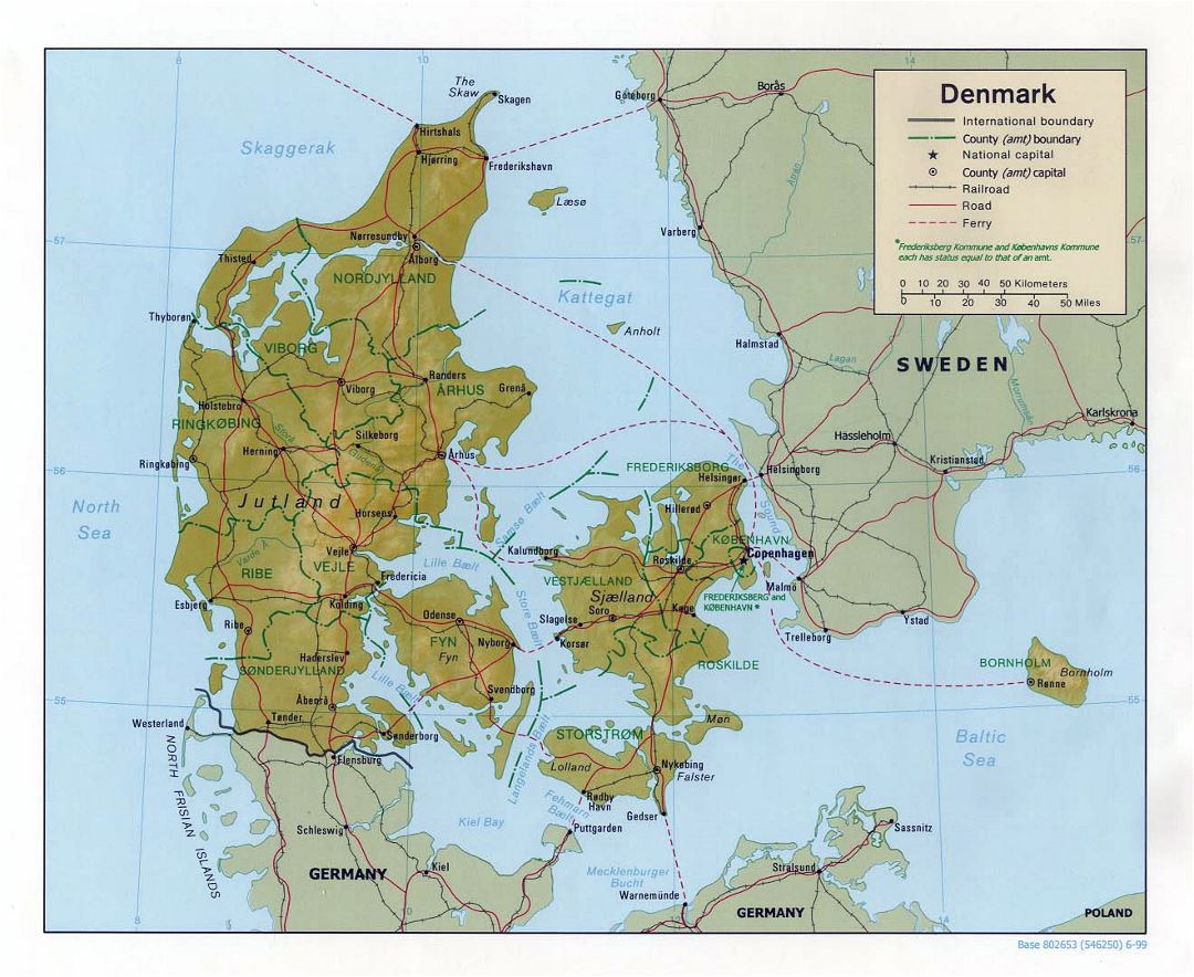 Большая политическая и административная карта Дании с рельефом, дорогами и крупными городами - 1999