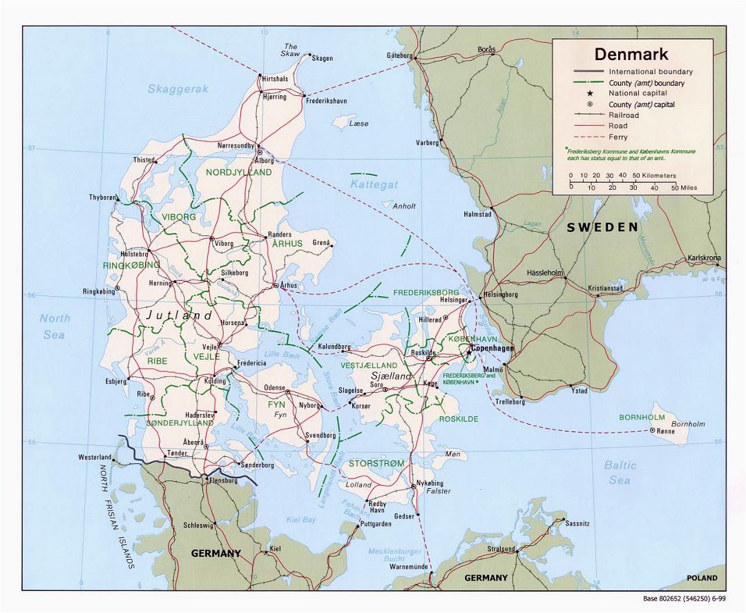 Большая политическая и административная карта Дании с дорогами и крупными городами - 1999