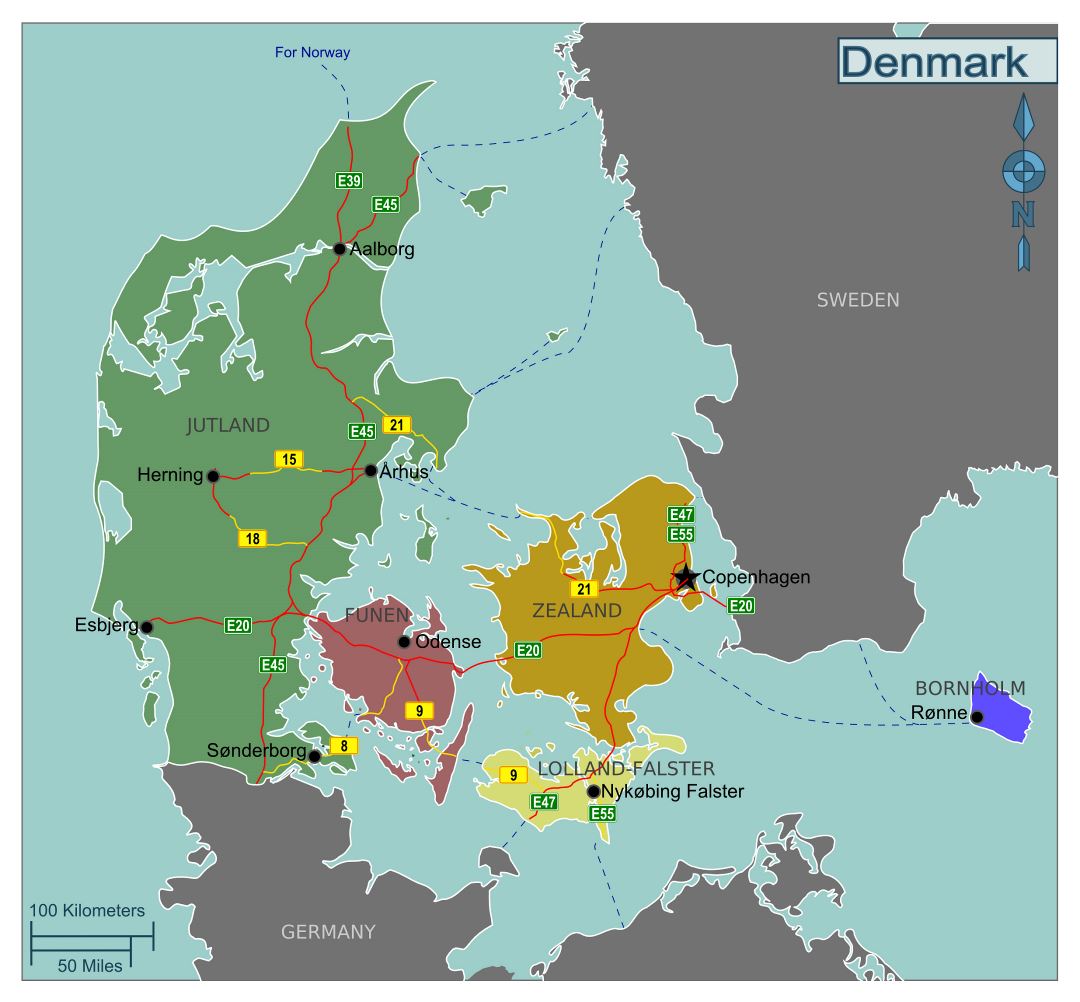 Большая карта регионов Дании