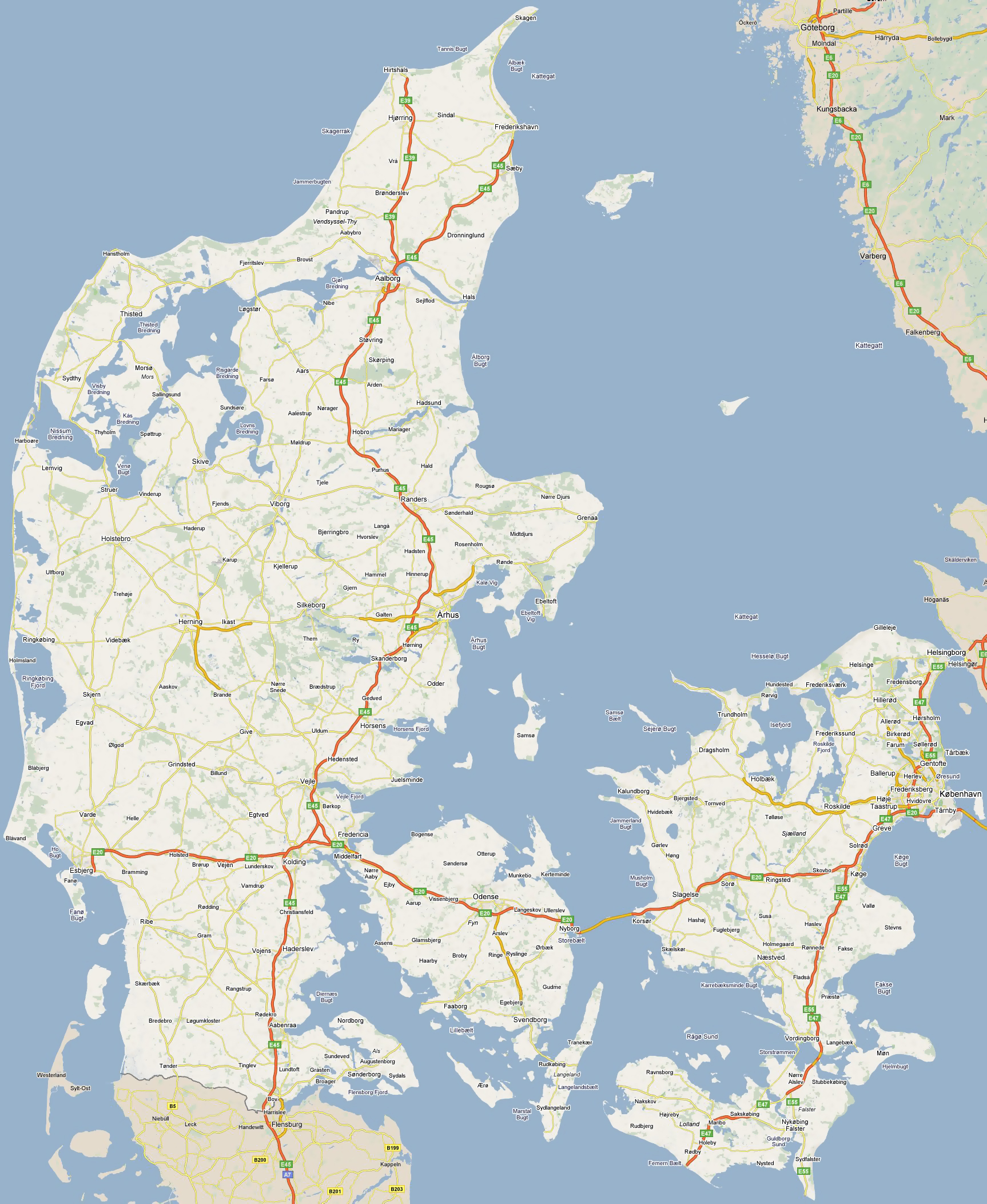 Большая карта дорог Дании со всеми городами