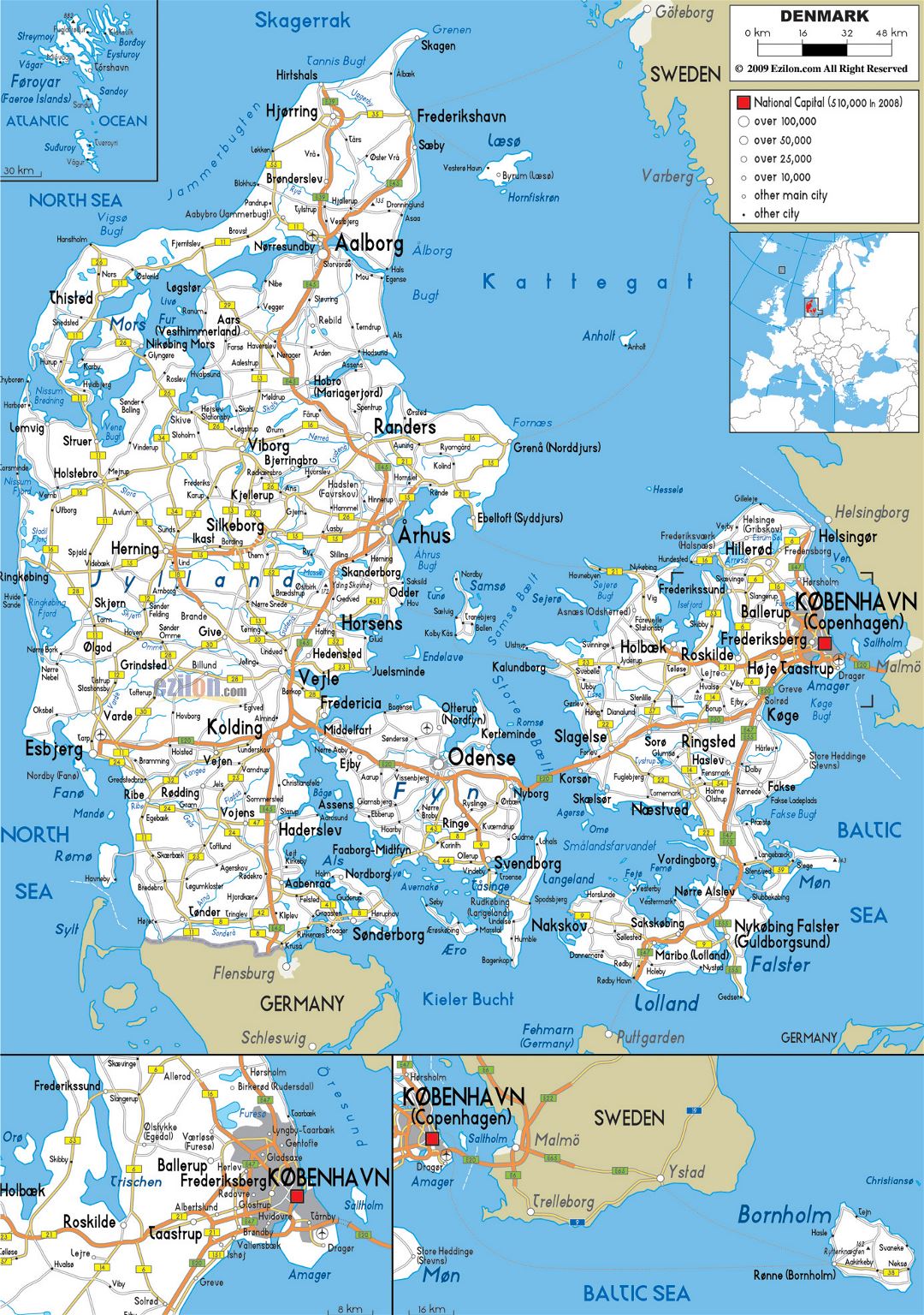 Большая карта дорог Дании с городами и аэропортами