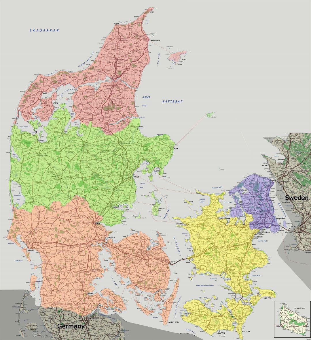 Крупномасштабная детальная карта дорог Дании со всеми городами и деревнями