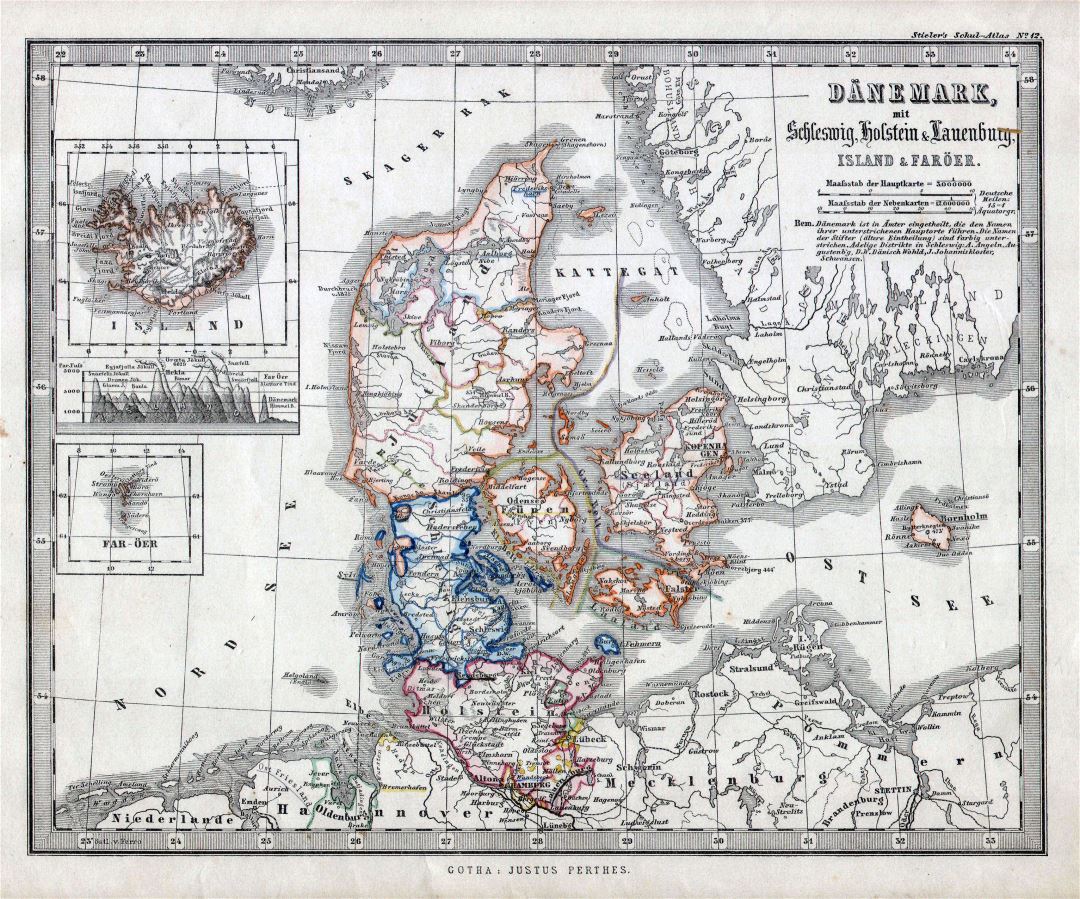 Крупномасштабная старая политическая и административная карта Дании с городами - 1862