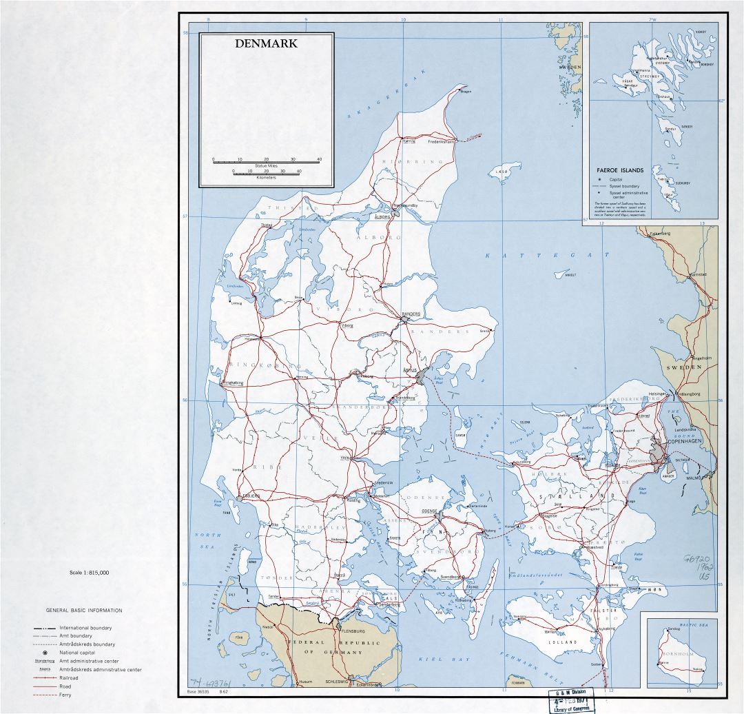 Крупномасштабная политическая и административная карта Дании с дорогами, железными дорогами и крупными городами - 1962