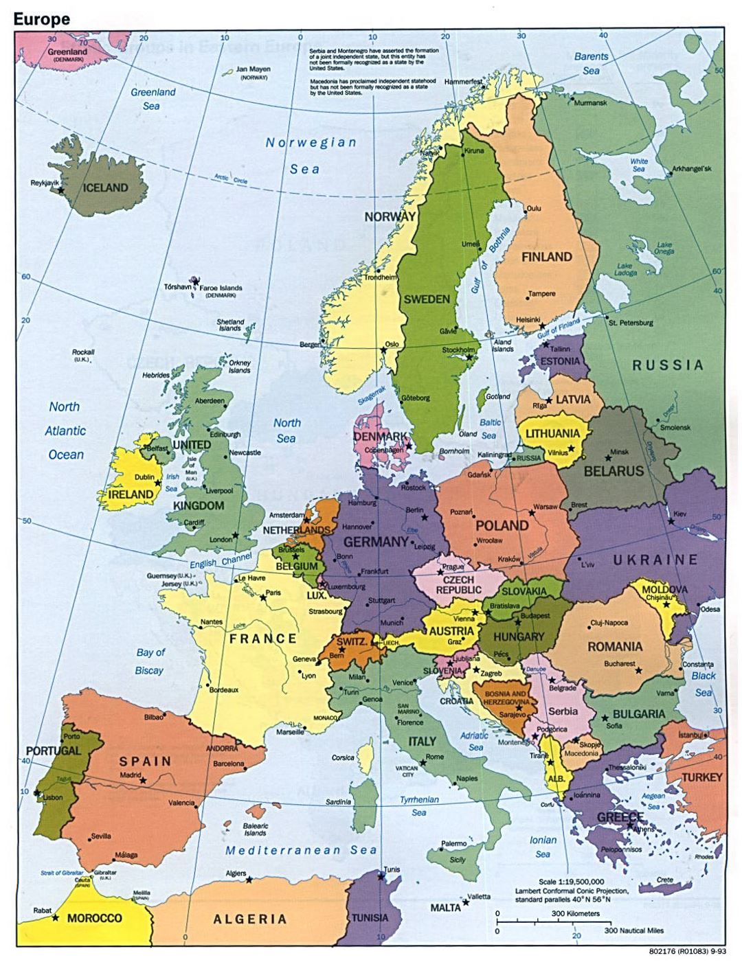 Подробная политическая карта Европы - 1993