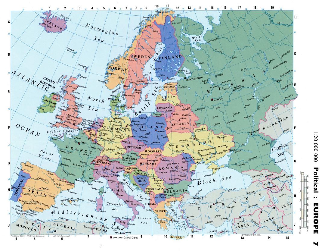Детальная политическая карта Европы со столицами и крупными городами