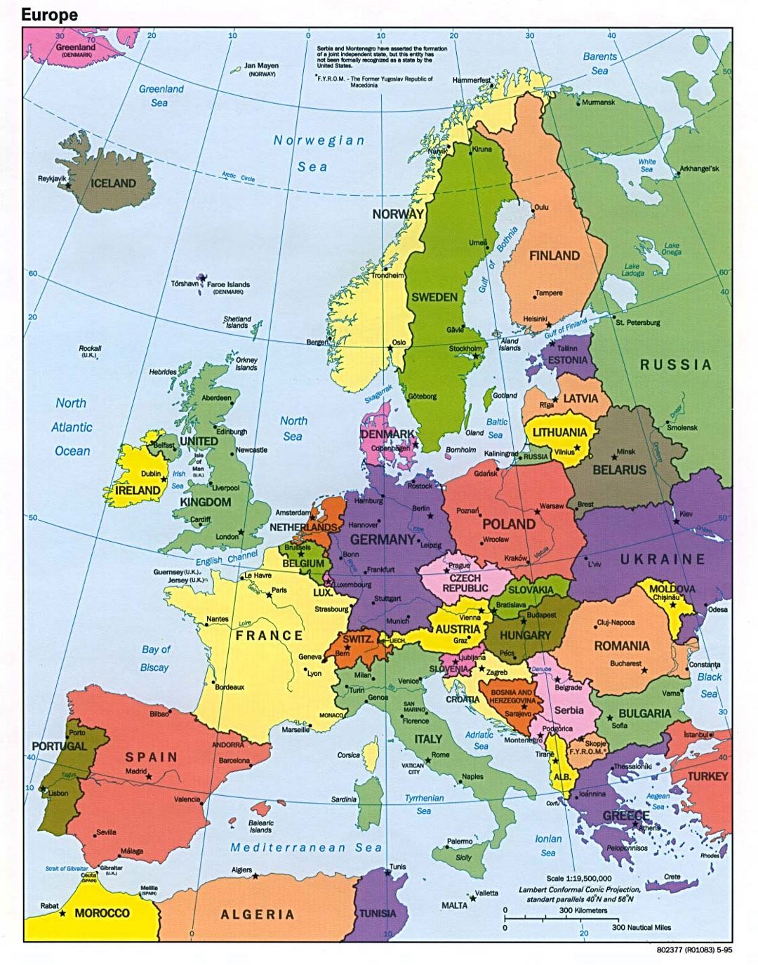 Подробная политическая карта Европы с крупными городами - 1995