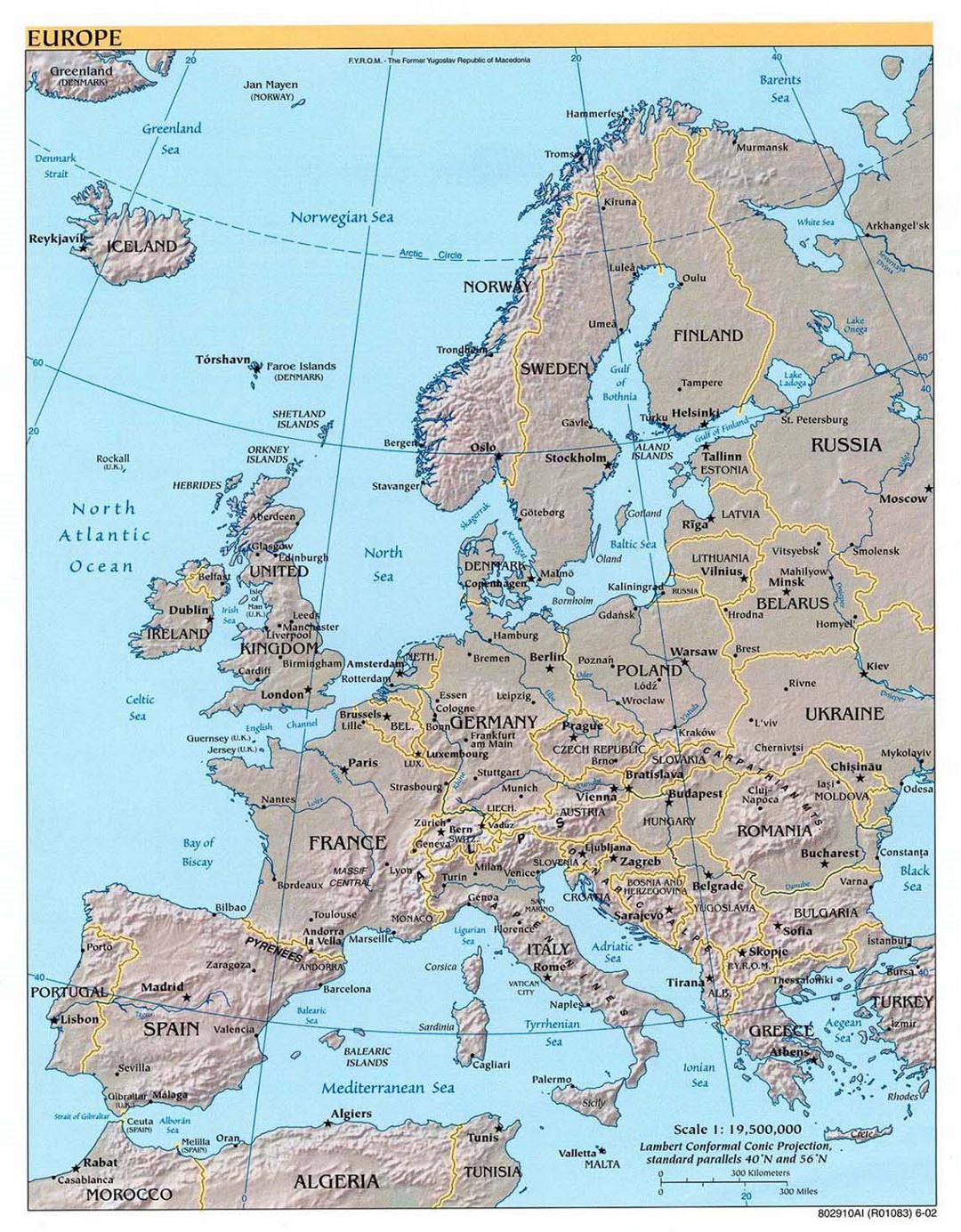 Детальная политическая карта Европы с рельефом - 2002