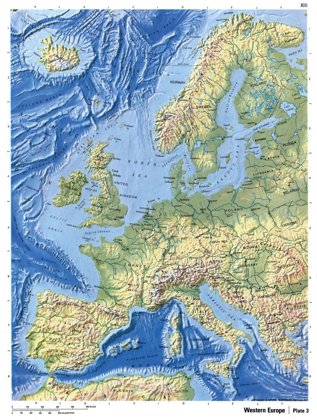 Подробная карта рельефа Западной Европы