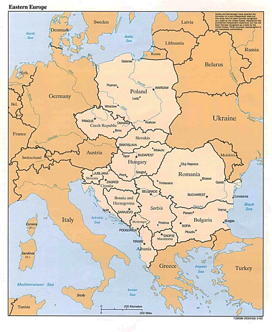 Подробная политическая карта Восточной Европы - 1993