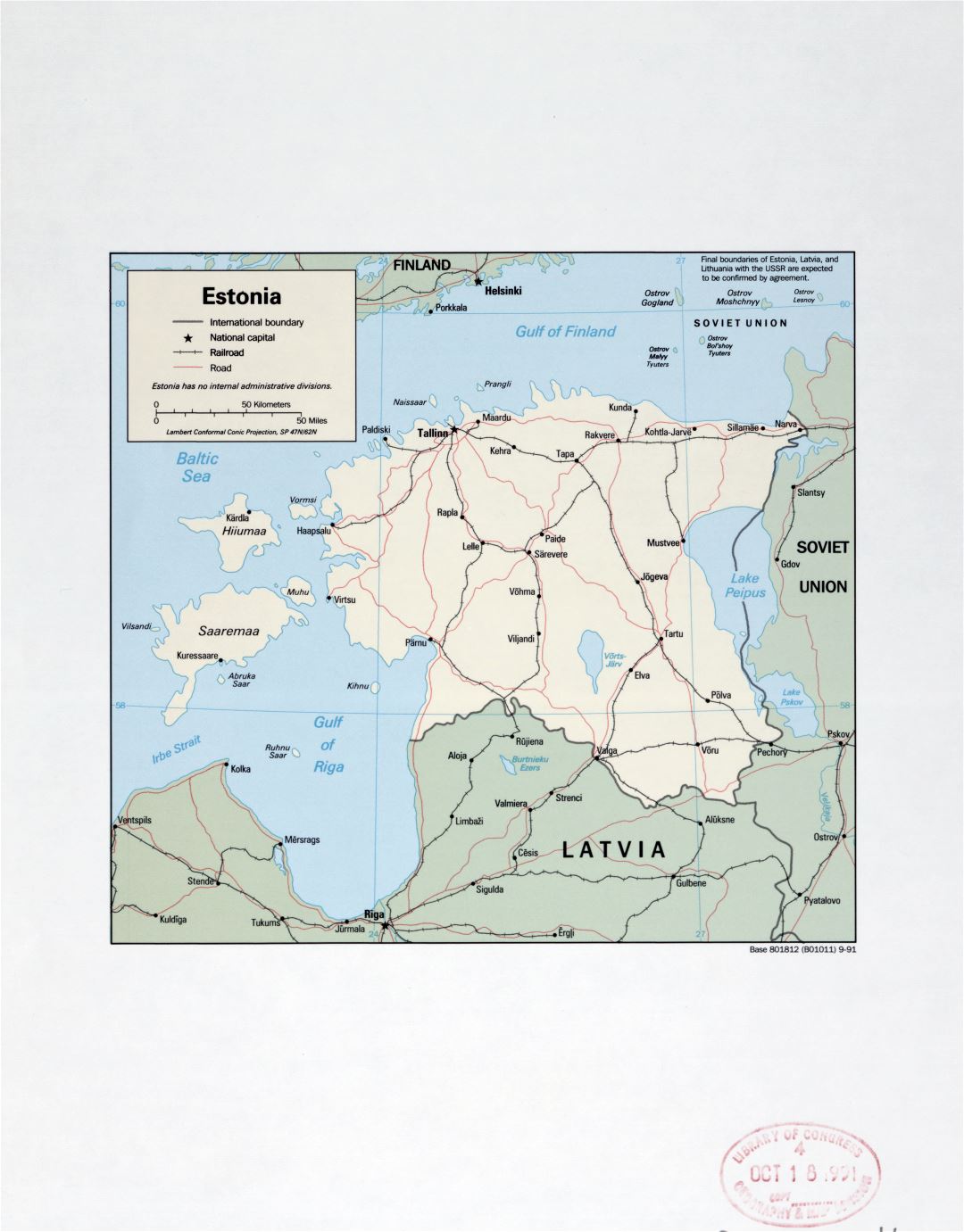 Большая детальная политическая карта Эстонии с пометками крупных городов, дорог и железных дорог - 1991