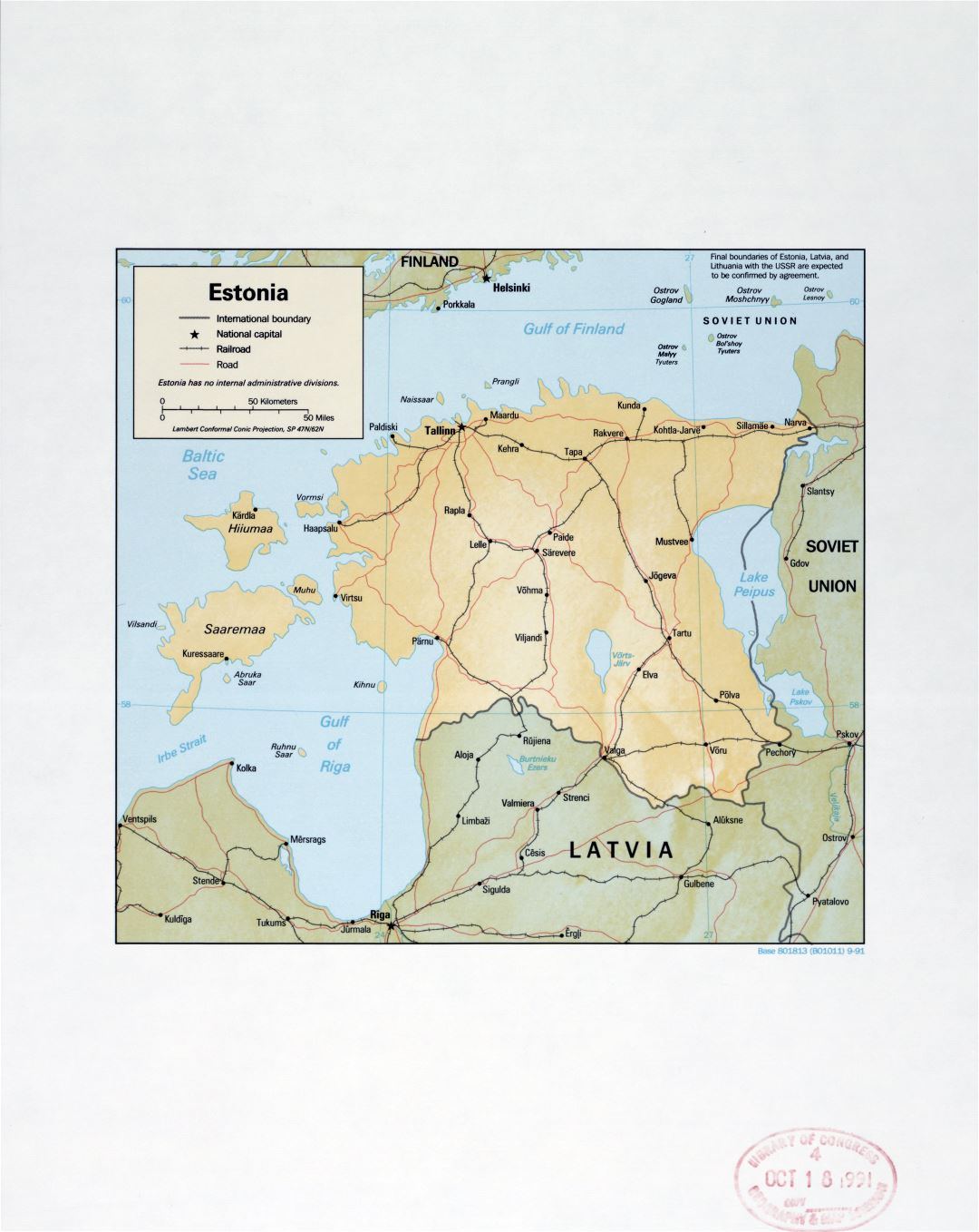 Большая детальная политическая карта Эстонии с рельефом, пометками крупных городов, дорогами и железными дорогами - 1991