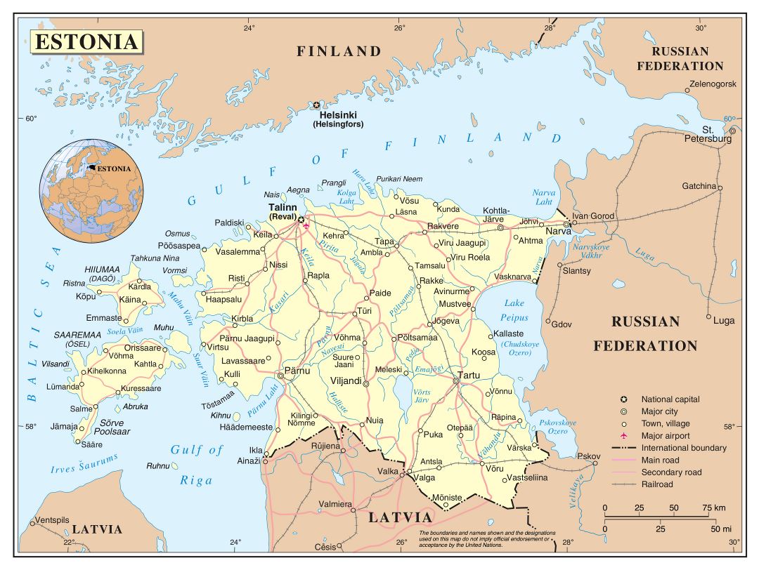 Большая детальная политическая карта Эстонии с дорогами, железными дорогами, городами и аэропортами
