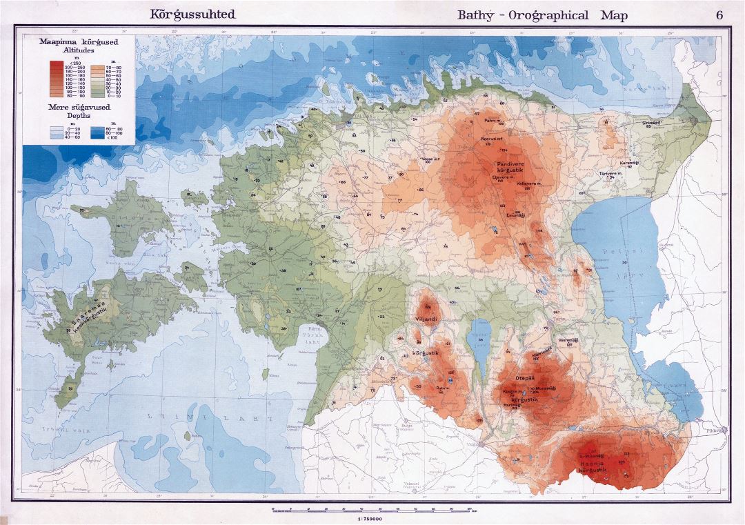 Большая старая карта высот Эстонии