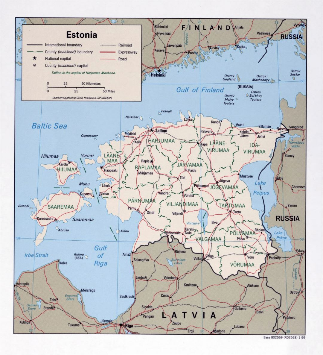 Большая политическая и административная карта Эстонии - 1999