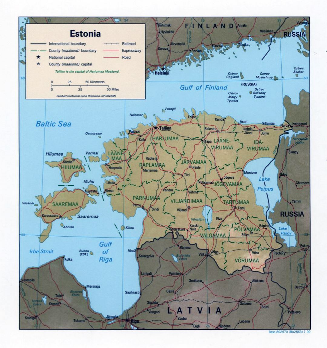 Большая политическая и административная карта Эстонии с рельефом - 1999