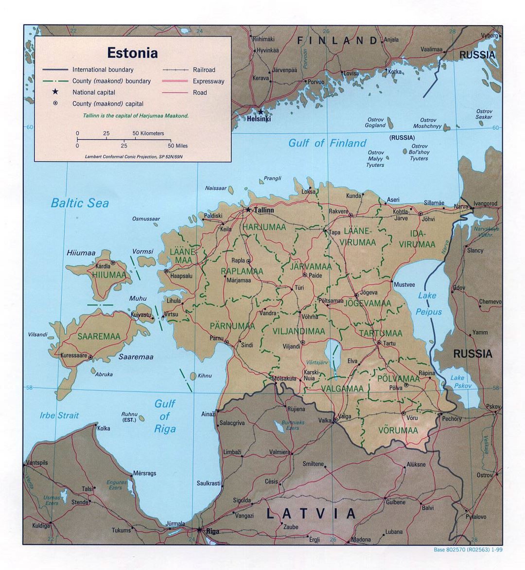 Большая политическая и административная карта Эстонии с рельефом, дорогами и крупными городами - 1999