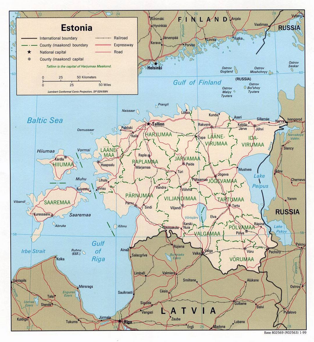Большая политическая и административная карта Эстонии с дорогами и крупными городами -1999
