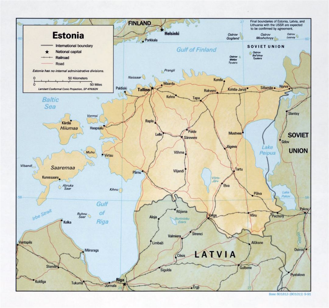 Большая политическая карта Эстонии с рельефом, дорогами, железными дорогами и крупными городами - 1991