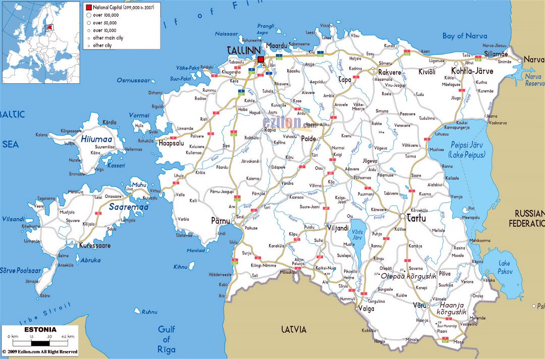 Большая карта дорог Эстонии с городами и аэропортами