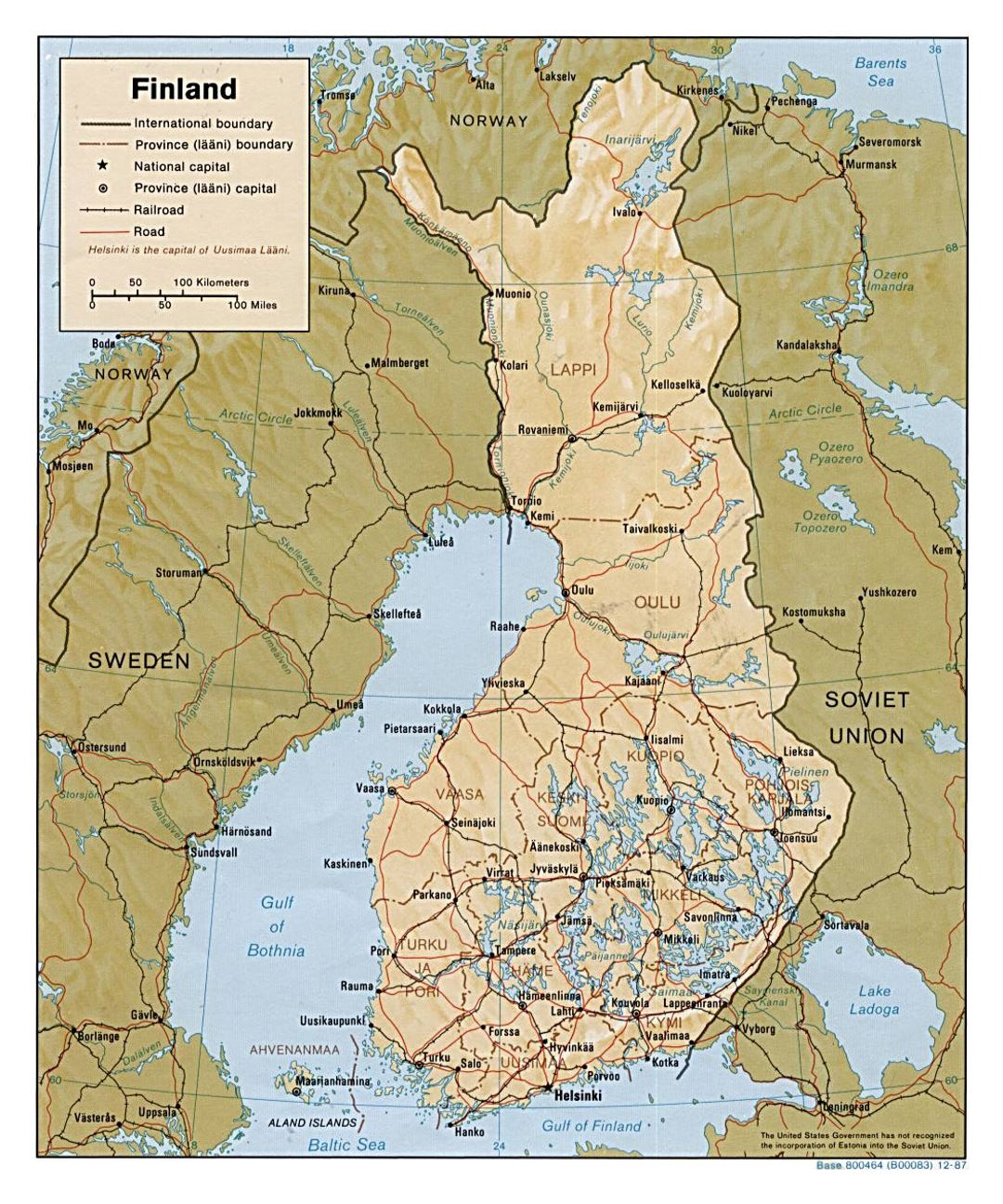 Детальная политическая и административная карта Финляндии с рельефом, дорогами и городами - 1987