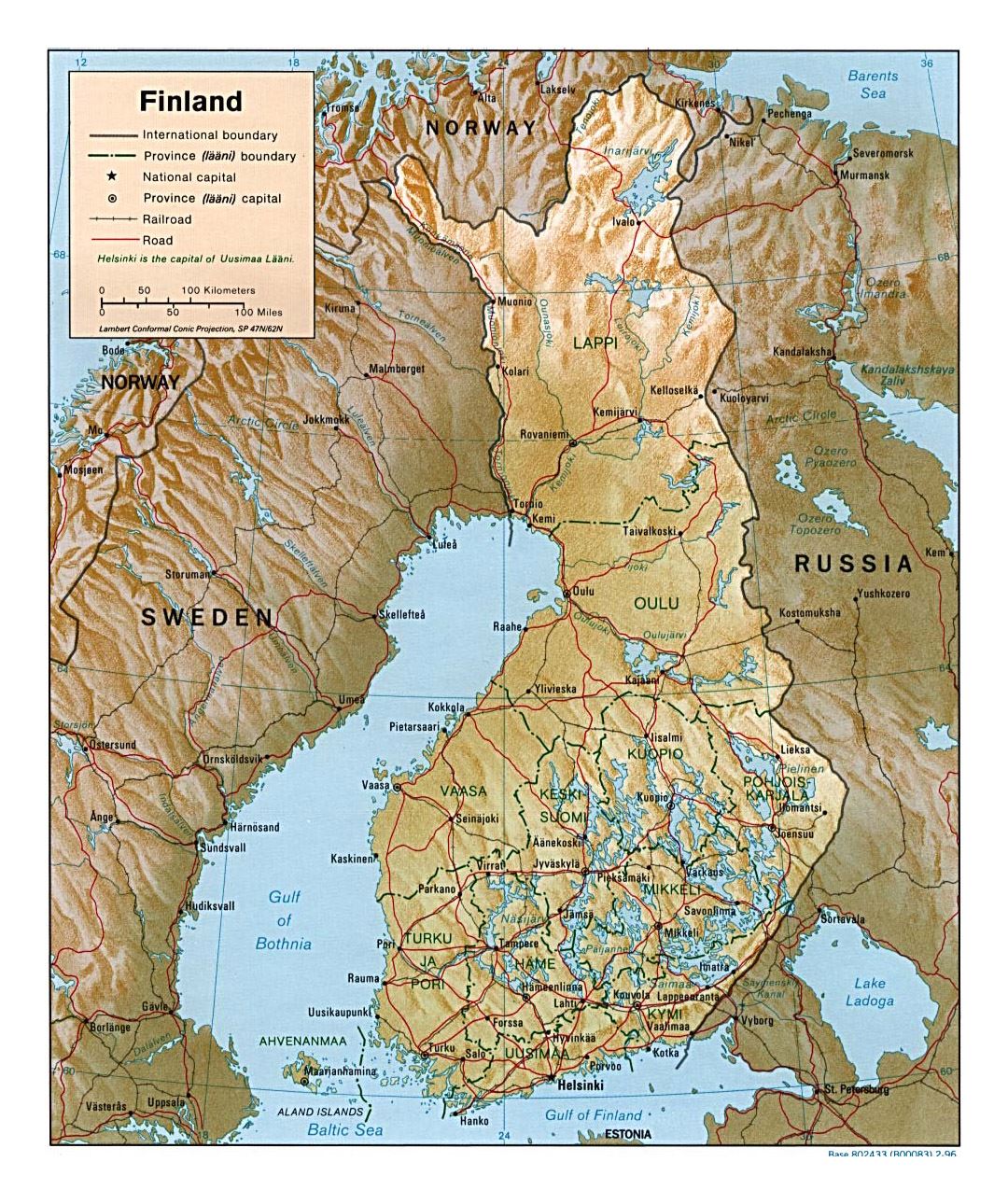 Детальная политическая и административная карта Финляндии с рельефом, дорогами и городами - 1996